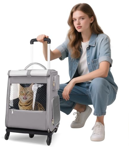 PETCUTE Katzen Rucksack mit Rädern,Hunderucksack für Große Katzen Hunde bis 7.5kg,Faltbare Atmungsaktive Haustier Rucksack mit Innerer Sicherheitsleine und Haustiermatte,Airline Zugelassen,Grau