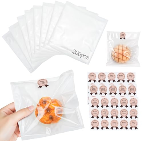WRENYZK 200 Pcs White Film Front Bags with 210 Pcs Stickers | Cellophane Clear Window Sandwich Bag, Reusable Pastry Paper Bags for Cookies, Party Sweets, Cakes