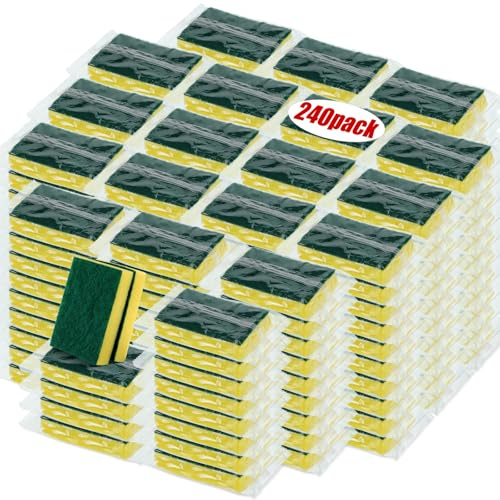 Tanlade 240 Pcs Individually Wrapped Sponge Dishwashing Sponge Bulk Non Scratch Scrub Sponges Kitchen Scouring Pad for Household Cleaning Rental Dishes Hotel Apartment Car (Yellow,Green)