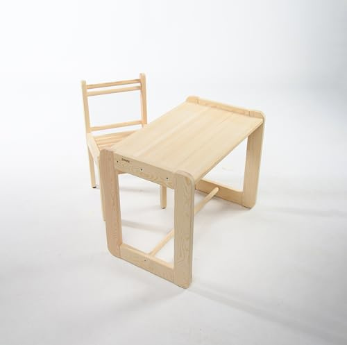 EthosWood® Mesa y Silla Montessori Infantil | Pack de Madera Natural Barnizada con Soporte para Rollo de Papel (Incluido) | Escritorio Ergonómico para Dibujar y Jugar | Hecho en España