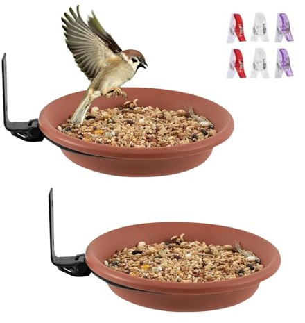 Dulynva 2-pack fågelmatare och vattenbad för balkong eller trädgård – Rund fågelmatstation med väggfäste (Ø17 cm, brun)