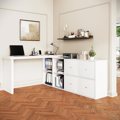 Sweiko Sideboard Table d'angle, Plateau pivotant à 360°,Peut être installée en L ou Droite, Plateau et Pieds renforcés de 4 cm, avec 4 Compartiments, 4 tiroirs (White)