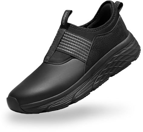 NINGO Non Slip Work Shoes for Men, Comfortable Water and Oil Resistant Chef Shoes, Breathable and Lightweight, Slip On Black Kitchen Shoes for Food Service, Healthcare and Restaurant