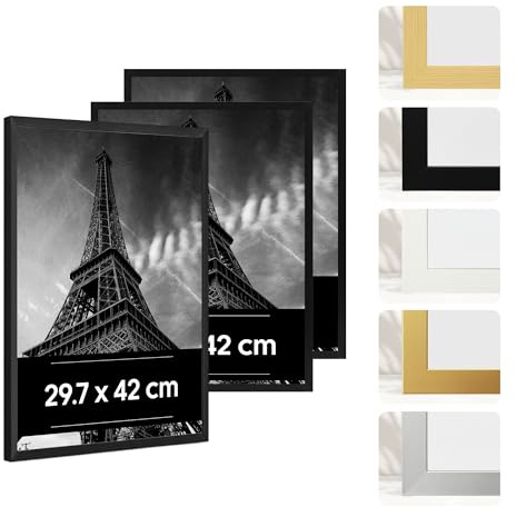 JCNORD 3 Stück A3 Bilderrahmen aus Schwarzem Kunststoff – 3er-Pack 29,7x42 cm (A3) Rahmen mit Bruchsicherem Acrylglas – Moderner Fotorahmen für Wände, Tische, Zertifikate, Poster und Schlafzimmer