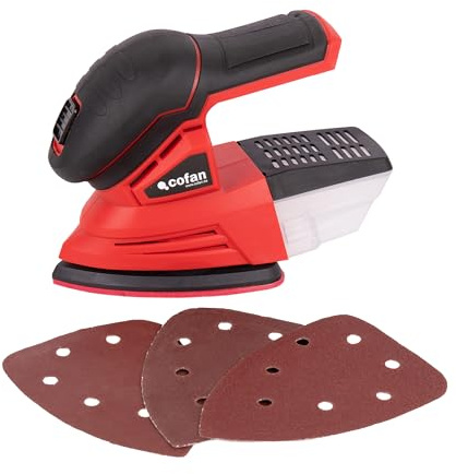Cofan Lijadora Mouse a batería 20 V | Base de 100 x 140 mm | 11.000 rpm | Sistema de fijación por velcro | Incluye caja de polvo + 3 hojas de lija | Batería y cargador no incluidos