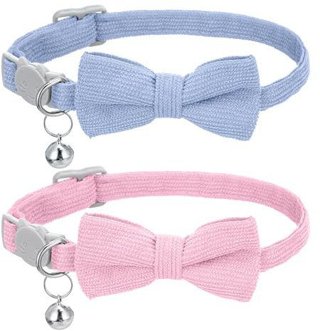 2 Stück Katzenfliege Halsband Katzenhalsband Weicher Kordsamt Katzenhalsbänder mit Fliege Katzen Halsbänder Niedlich Verstellbar Fliege Halsbänder mit Sicherheitsverschluss (Rosa, Hellblau)