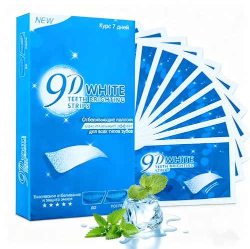 9D Strisce Sbiancanti Denti 10 Paia,Sbiancante Dentale, Rimuove le Macchie Alimentari (Vino, Caffè, Bibite), Confezione Completa con Apribocca e Gusto Rinfrescante