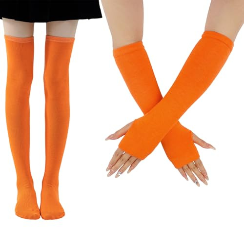 Qaziuy Juego de calcetines y guantes de color naranja, calcetines elásticos de algodón hasta la rodilla, guantes sin dedos, calcetines naranjas hasta la rodilla para carnaval, fiesta de disfraces