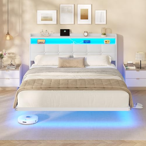 AOGLLATI Polsterbett 160x200 cm, Bett 160 x 200 mit LED-Beleuchtung und Ladestation, Bettgestell mit Kopfteil, Doppelbettgestell Schwebebettrahmen, Metallbett, Pu, Modern, Weiß (ohne Matratze)