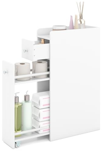 COSTWAY Nischenschrank, Badschrank mit Schublade & Rollen, Badezimmerschrank klein, Aufbewahrungsschrank Holz, Seitenschrank für kleine Räume (Weiß)