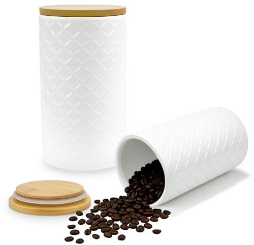 sudatong Kaffeedose, Keramik Vorratsdosen mit Bambusdeckel, aus hochwertiger weißer Keramik mit Wabenstruktur Aufbewahrungsdose, Frischhaltedosen, 900 ml, 10 x 18 cm