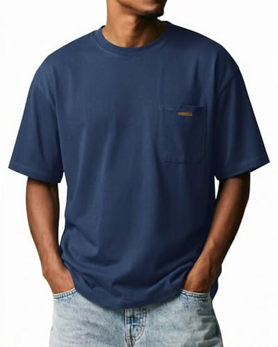Elainone T-Shirt Herren Baumwolle Rundhals Kurzarmshirt Mit Brusttasche Für Arbeit Und Alltag Dunkelblau 3XL
