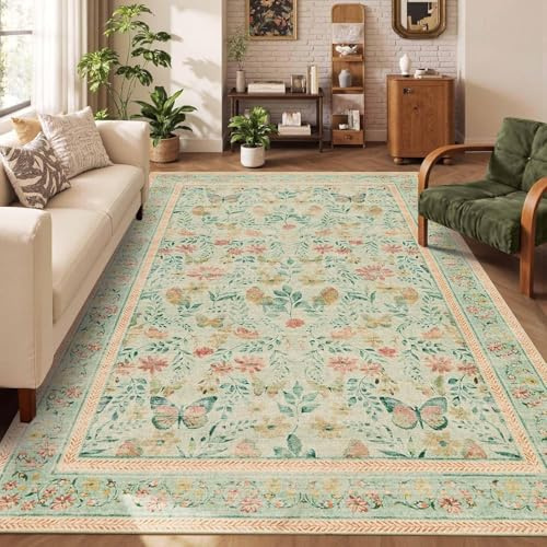 Strloepr Kleiner Teppich Waschbar Eingangsbereich Küche Badezimmer, Bettvorleger Schlafzimmer,Traditionell Floral Grün Pink, Beige, Gelb Vintage Mehrfarbig Patterns,Grün, 60 x 120 cm