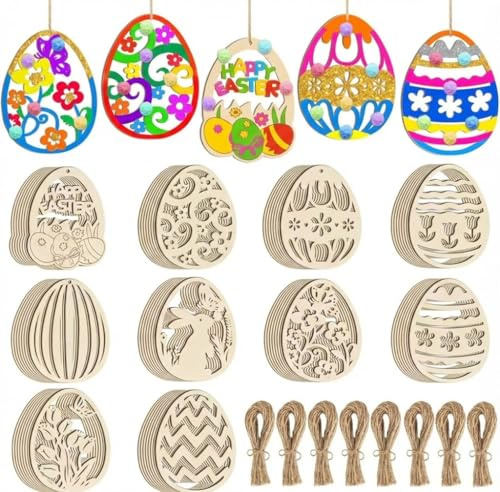 Gleemix Oster Basteln Kinder Set, 20 Stück Holz Ostereier zum Bemalen, Bastelset Ostern, Holzanhänger Ostern zum Bemalen mit Ostereier und Bastelschnur, Ostergeschenke Kinder