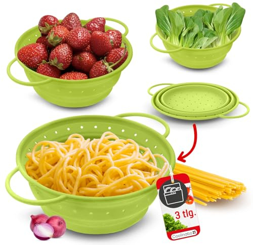 Coolinato – Silikonsieb faltbar 3er Set 16/20/ 24cm Grün – Nudelsieb zum abseihen - Küchensieb spülmaschinenfest, BPA-frei, & hitzebeständig bis 230°C - Platzsparendes Abtropfsieb zusammenklappbar