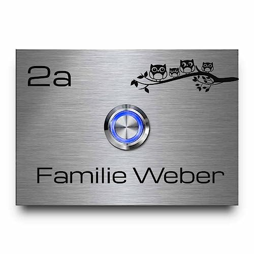 Klingelschild aus robustem V2A Edelstahl - Türklingel Modell Weber ab 10x7 cm | Personalisierte Gravur mit Wunschtext und Motiv - Mit modernem LED-Klingelknopf