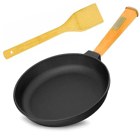 Sartén de Hierro Fundido de 24 cm de Alto 47 mm con Mango de Madera BRIZOLL – Poele Redonda con espátula – Sartén de inducción – Apto para Barbacoa de Gas, Horno, Chimenea y Todo Tipo de Fuegos,