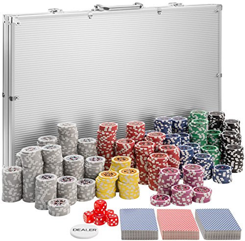 tectake® Pokerkoffer, Pokerset, Alu Koffer Set mit Pokerchips, Poker Koffer mit 1000 Poker Chips, inkl. 3 Kartendecks + 5 Würfel + 1 Dealer Button, Silber
