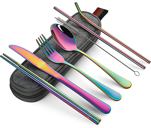 DEVICO Travel Cutlery Set with Case, Portable Camping Cutlery Set for 1, Reusable Stainless Steel Knife Fork Spoon Chopsticks for Lunch Box, Work, Picnic, School (Rainbow)