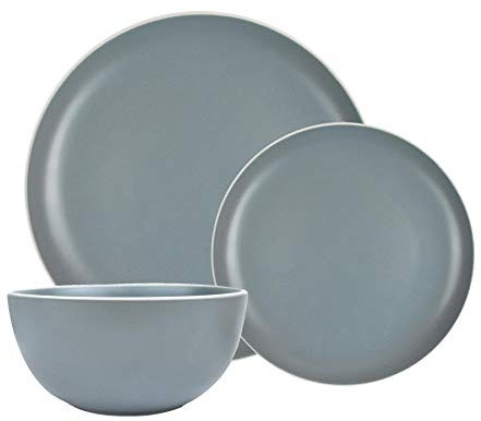 YöL 16pc Dinner Set Plates Bowls Cups Tableware Dishes Grey White Rim Stoneware