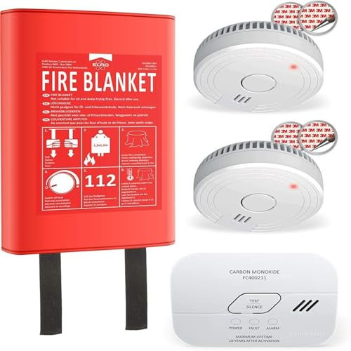 ELRO FF0404 Brandschutzset - 2X Rauchmelder mit 5 Jahre Batterie und Magnetklebe - CO-Melder mit 10 Jahre Sensor - Löschdecke Hardcover 1,2m x 1,2m Vorteilspaket
