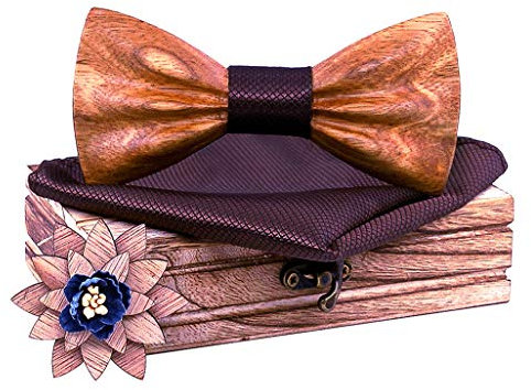 Lovacely Handgefertigte Herren-Fliege aus Naturholz, 3D-Design, mit Einstecktuch und Ansteckblume aus Holz, Zebrabraun, Einheitsgröße