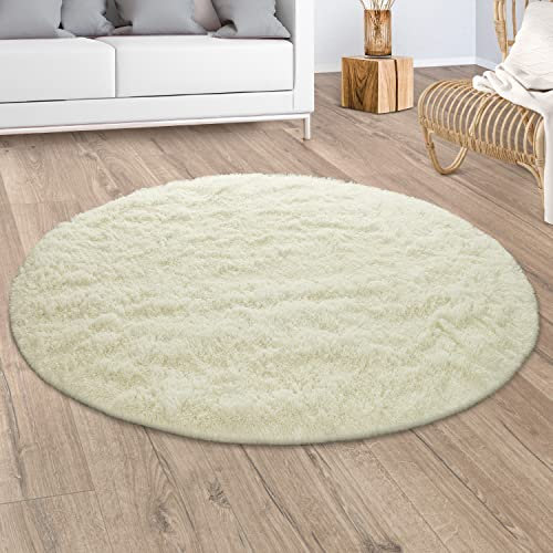 Paco Home Hochflor Teppich Wohnzimmer Fellteppich Kunstfell Shaggy Flauschig Weiß, Grösse:Ø 120 cm Rund