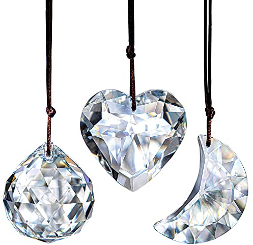 Kristall Sonnenfänger Set – Herz, Kugel & Mond Prisma Regenbogenmacher | Hängender Glasanhänger mit funkelndem Regenbogeneffekt, klares Prismen Ornament für Fenster, Zuhause, Büro & Garten