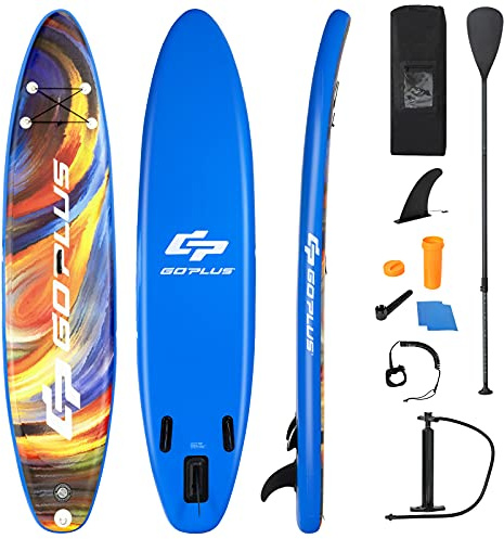 COSTWAY Stand Up paddlingbräda, uppblåsbar SUP-bräda, padelboard med säkerhetslina, paddel, pump, centerfläkt, ryggsäck och reparationssats (blå + orange, 335 x 76 x 15 cm)
