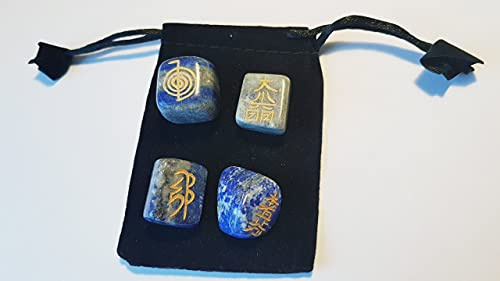 4 Lapislazuli Handschmeichler Trommelsteine mit Usui Reiki Symbolen im Samt Beutel