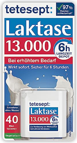 tetesept Laktase 13.000 – 1 Dose à 40 Stück – Laktasetabletten bei Laktoseunverträglichkeit – Nahrungsergänzungsmittel mit Sofortwirkung & 6h Langzeit-Depot