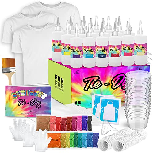 CraftBud Tie Dye Kit for Kids & Adults, 200 Pieces - Includes 3 Unisex Adult T-shirts – Small, Medium, & Large, 18 Colors, Guide Book & Much More- Tie Dye Kit for Large Groups & for Outdoor Activities
