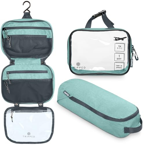 Toalettväska kit set: hängande resenecessär + 311 TSA kosmetisk vätskepåse + ultralätt tillbehörsorganiseringspåse, Blågrön, 3-delat toalettset