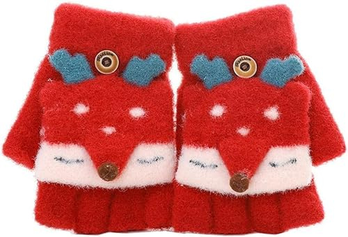 GizellMG Mitaine Noël Renard Enfant Gants de Fille Moufle sans doigts Mitaines Tricoté Gants rabat avec Corde Anti-Perdu pour Garçon Fille 3 ans moins