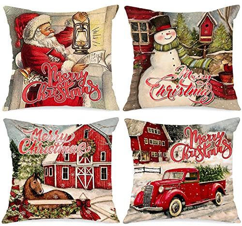 Lanpn 4 Stück Vintage Kissenbezug Weihnachten Kissenhülle 40x40 cm, Retro Rustikal Weihnachtsmann Dekorative Weihnachtskissen für Weihnachtsdeko Christmas Bettwäsche Sofa Decorations