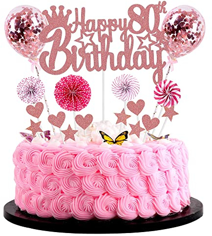 Jrzyhi Happy 80. Geburtstag Tortendeko - Rosegold Kuchen Topper für Frau & Mann - Glitter für 80. Geburtstag