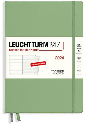 LEUCHTTURM1917 367759 Wochenkalender & Notizbuch Composition (B5) 2024, mit Extraheft für Adressen und Jahrestage, Salbei, Deutsch, 12 Monate
