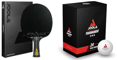 JOOLA Professionell bordtennisracket Infinity Carbon, ITTF-godkänd svart & JOOLA Bordtennisbollar Tournament utvalda 40 mm diameter, 3-stjärniga bordtennisbollar inomhus och utomhus, vit, 24 stycken