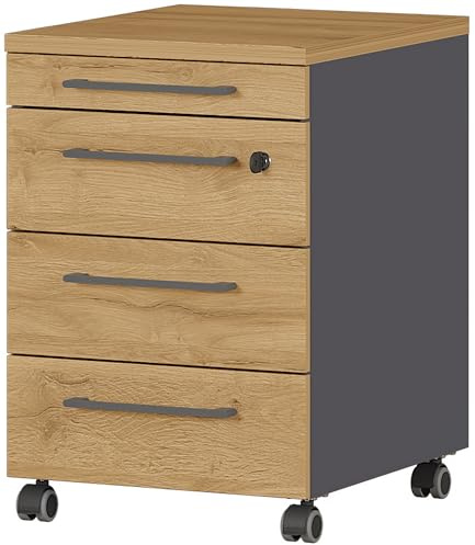 bümö Andratx Rollcontainer mit Schubladen, Container abschließbar aus Holz in Graphit-Eiche - Rollwagen für's Büro als Schreibtisch Unterschrank, Bürocontainer od. Schreibtischcontainer