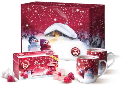 Pompadour, Cofanetto Fiocchi di Neve, 1 Conf con Lamponi e Aroma di Meringa + 2 Tazze, Ideale in Qualsiasi Momento della Giornata, Senza Lattosio, Glutine e Allergeni, Vegan