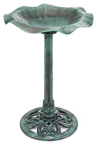 CHRISTOW Resin Bird Bath, Lily Leaf Design, Green | Decorative Lily Leaf Bowl, Rustic Metal-Effect Finish, Weather-Resistant Resin, Ground Pegs Included, Garden Bird Bath