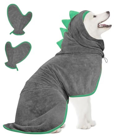 Bibykivn Hundebademantel Schnell Trocknend Badetuch aus Mikrofaser, Einstellbar Hundehandtuch mit Klettverschluss, Saugfähiger Hunde Bademantel mit Hut für Große Hunde (Grau grün, XL)