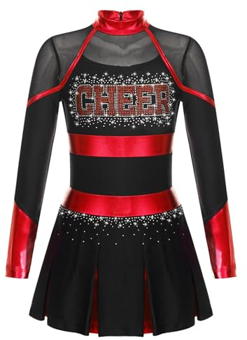 Oyolan Mädchen Cheerleading Kostüm Pailletten Langarm Kleid Tanzkleid mit Glitzer Halloween Karneval Fasching Party Outfits Schwarz Rot 146-152