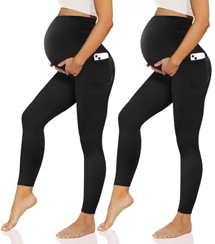 Happy.angel 2 Pack Maternity Leggings with Pockets Over the Belly, Womens Black Workout Yoga Pregnancy Pants Black 2XL