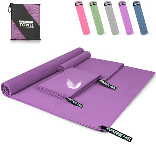 Pfloge® Mikrofiberhandduk set om 3, 180 x 80 cm mikrofiberhanddukar stor 2 stycken 80 x 40 cm liten fitnesshandduk, färgbeständig mikrofiber badhandduk, för fitness, bastu, strand, resor (lila)