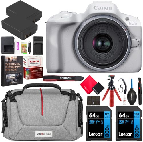 Canon EOS R50 Mirrorless Camera (White) with RF-S 18-45mm F4.5-6.3 is STM Lens 5812C012 Bundle with Deco Gear Photography Bag + 2 x Battery + 2 x 64GB Memory Cards + Accessories Kit