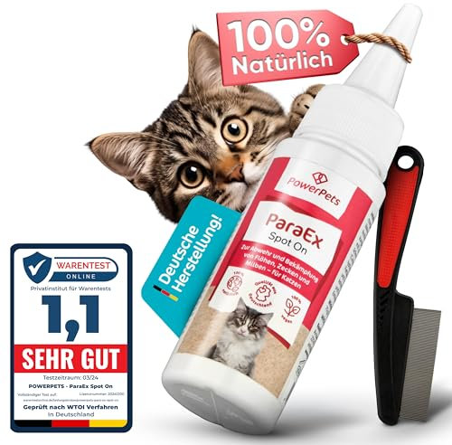 PowerPets - Spot On Zeckenschutz für Katzen inkl. GRATIS Flohkamm,100% natürlich & effektiv gegen Zecken,Flöhe & Haarlinge,Parasitenkur,40ml Tropfen gegen Zecken für Katzen halten für die ganze Saison