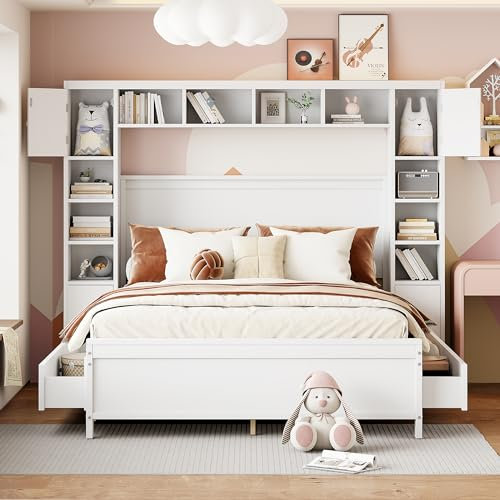 I0I&I0I Stauraumbett 140x200cm - Massivholz, 4 Schubladen & Großer Stauschrank. Komfortables Doppelbett mit Lattenrost für erholsamen Schlaf und praktische Aufbewahrung (Weiß)