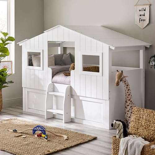 Julian Bowen Acorn Treehouse Mid Sleeper, White - H159 x W123 x D221cm | Modern Cabin Kids Bed with Storage & Ladder, 90cm/3ft, Unique House Design, Panelled Sides