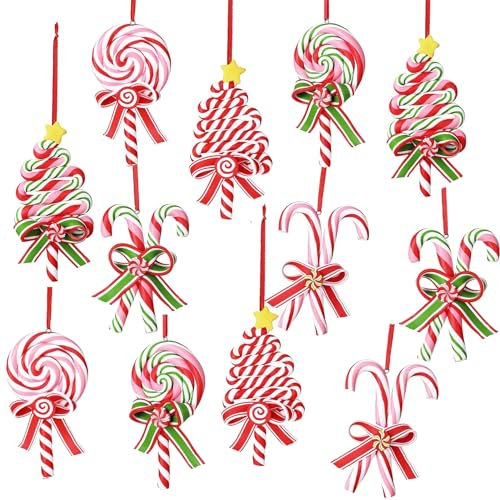 KAHEIGN 12 Piezas Adornos Navideños de Bastones de Caramelo, 6 Estilos 12CM Adorno Colgante Navideño de Piruleta con Gancho y Cinta para Árbol de Navidad Corona Ventanas Chimenea Puerta Decoración